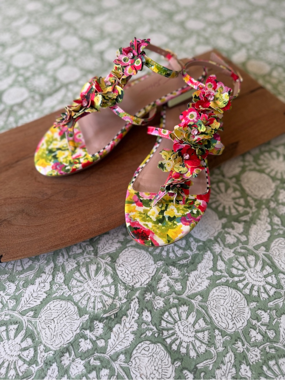 Betsey Johnson Floral Appliqué Multi-Color T-Strap Sandals